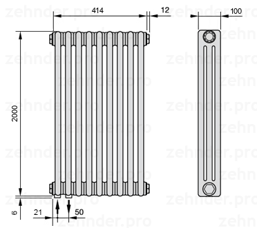 Схема (чертеж) Радиатор Zehnder Charleston 3200/9 №3370 Белый глянцевый RAL 9016